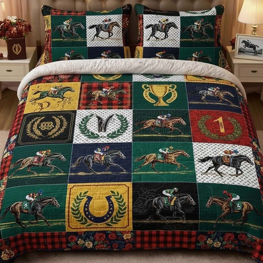 Horse Racing Patchwork Quilted Bedding Set Jockey Theme Bedroom Decor Gifts For Equestrian