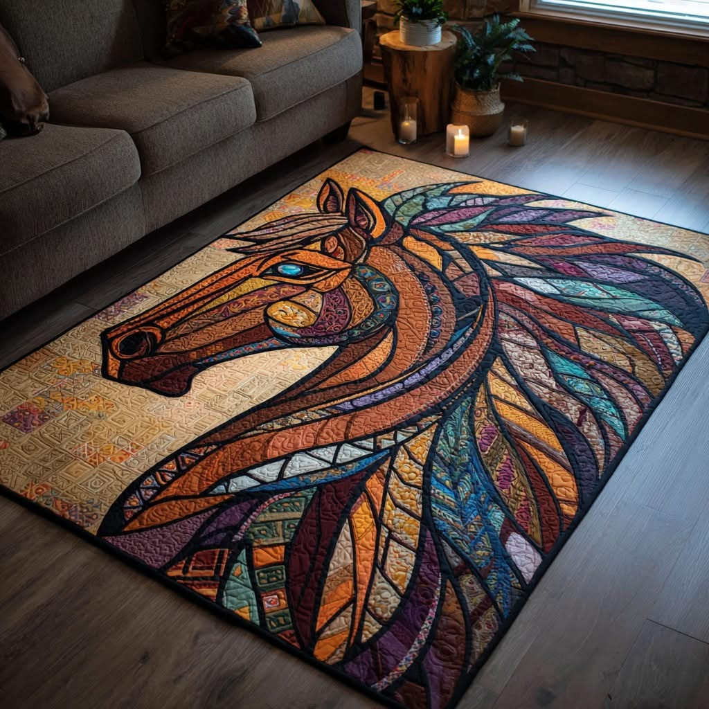Horse Stained Glass Area Rug Colorful Native American Floor Mat Gifts For Horse Lovers