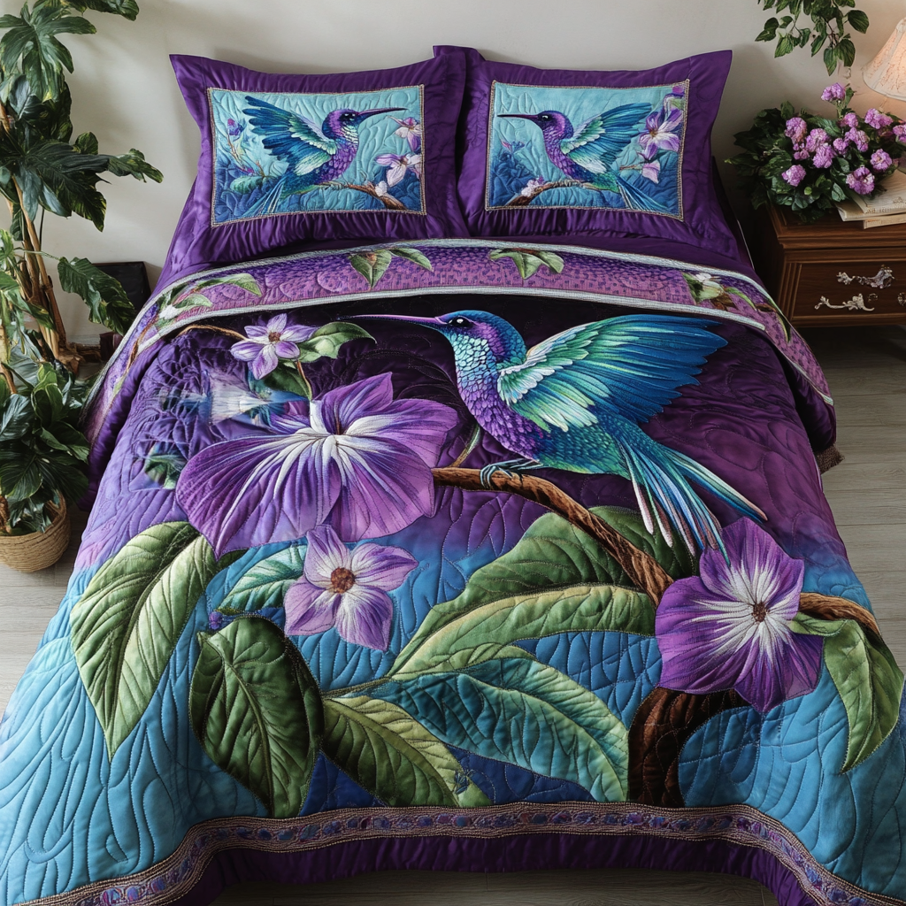 Humming Bloom Quilted Bedding Set Holiday Duvet Cover Set Hummingbird Gifts For Ladies