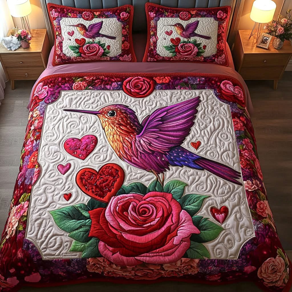 Hummingbird And Rose Quilted Bedding Set Romantic Heart Bed Decor Gifts For Bird Lovers