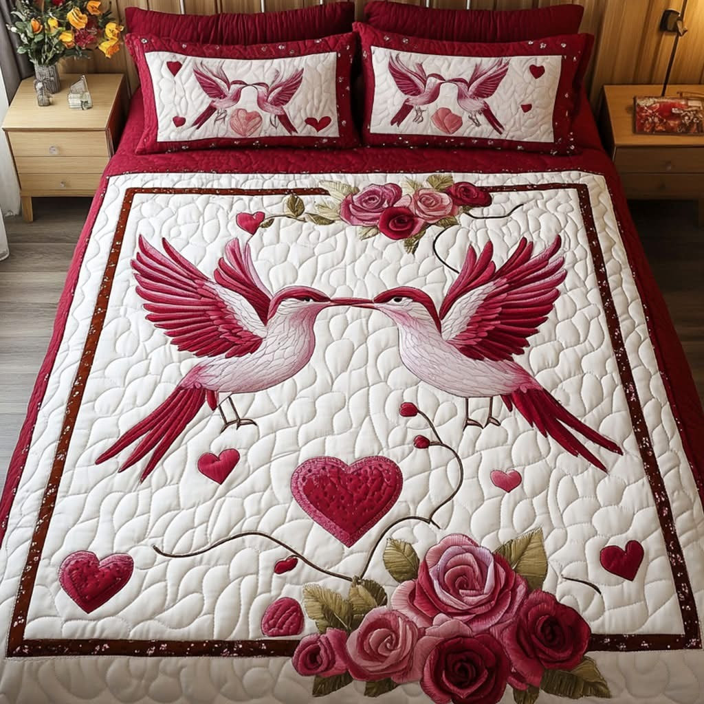Hummingbird Couple Quilted Bedding Set Romantic Bed Decor Hummingbird Themed Gifts