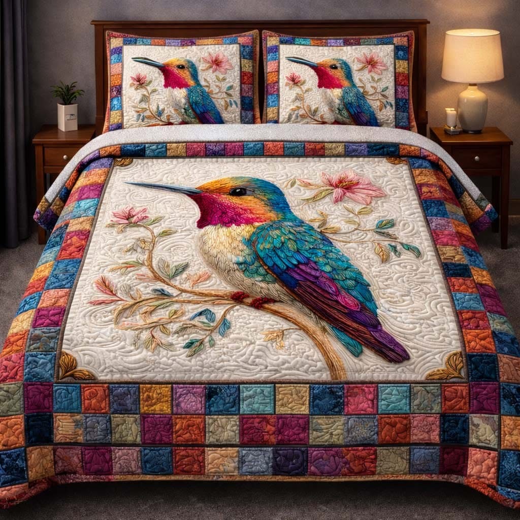 Hummingbird Heaven Quilted Bedding Set Vibrant Floral Bedspread Set Hummingbird Themed Gifts