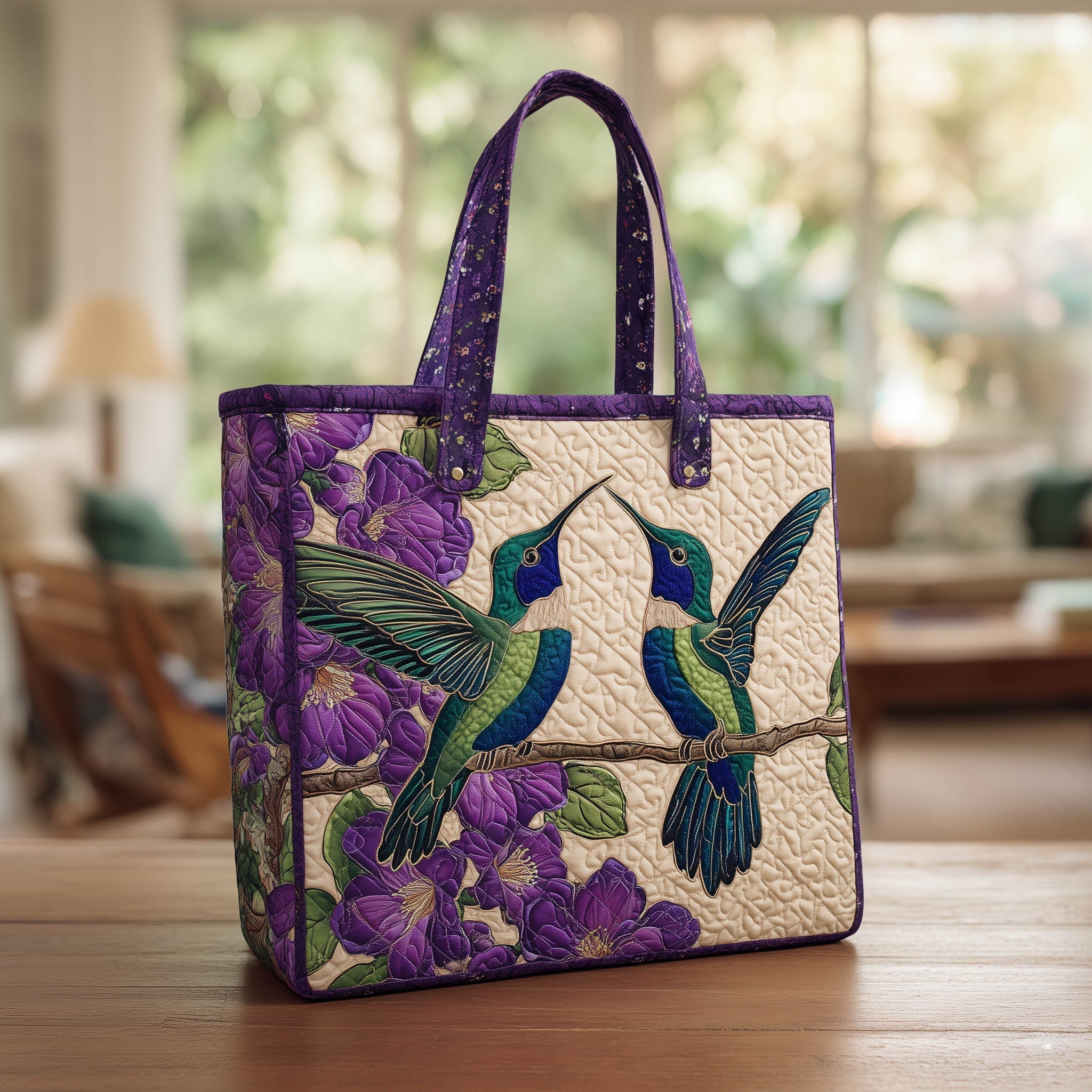 Hummingbird Pair Quilted Tote Bag Floral Handbag For Women Hummingbird Themed Gift Items