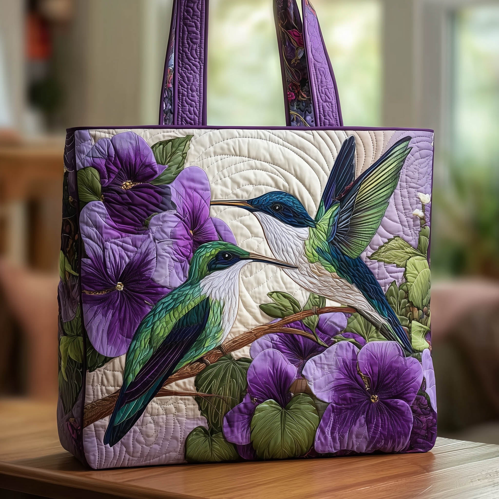 Hummingbird Pair Quilted Tote Bag Floral Shoulder Bag Hummingbird Gifts For Her