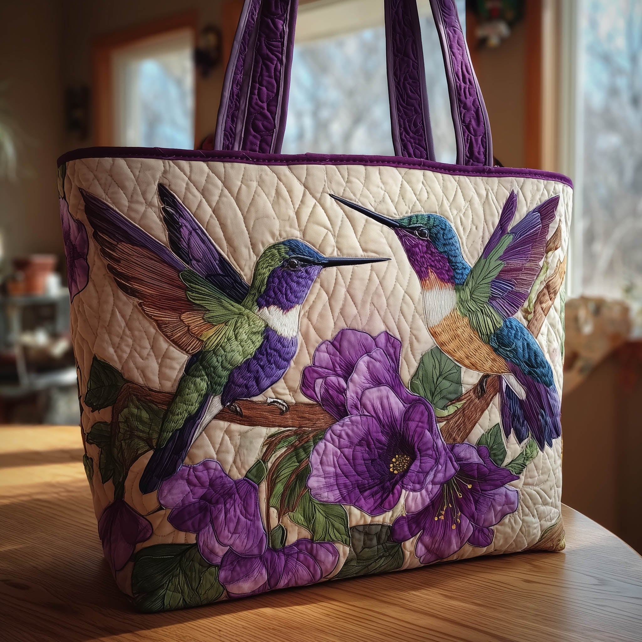 Hummingbird Pair Quilted Tote Bag Floral Tote Bags For Women Beautiful Hummingbird Gifts