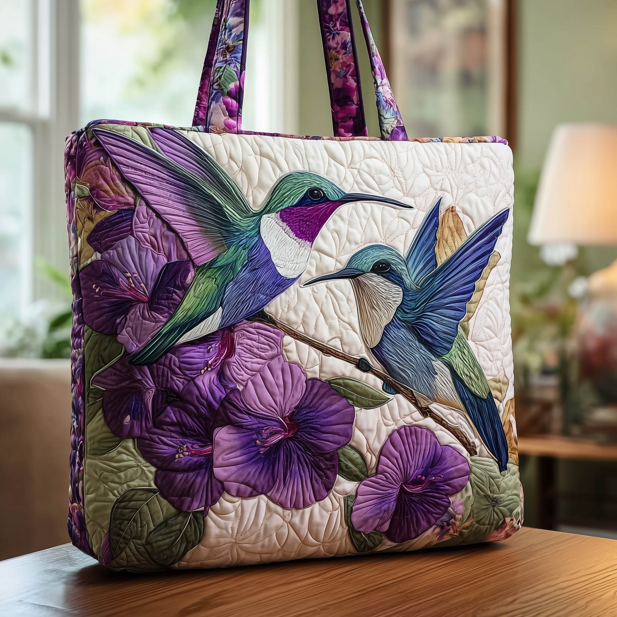 Hummingbird Pair Quilted Tote Bag Floral Travel Tote Bag Awesome Gifts For Hummingbird Lovers