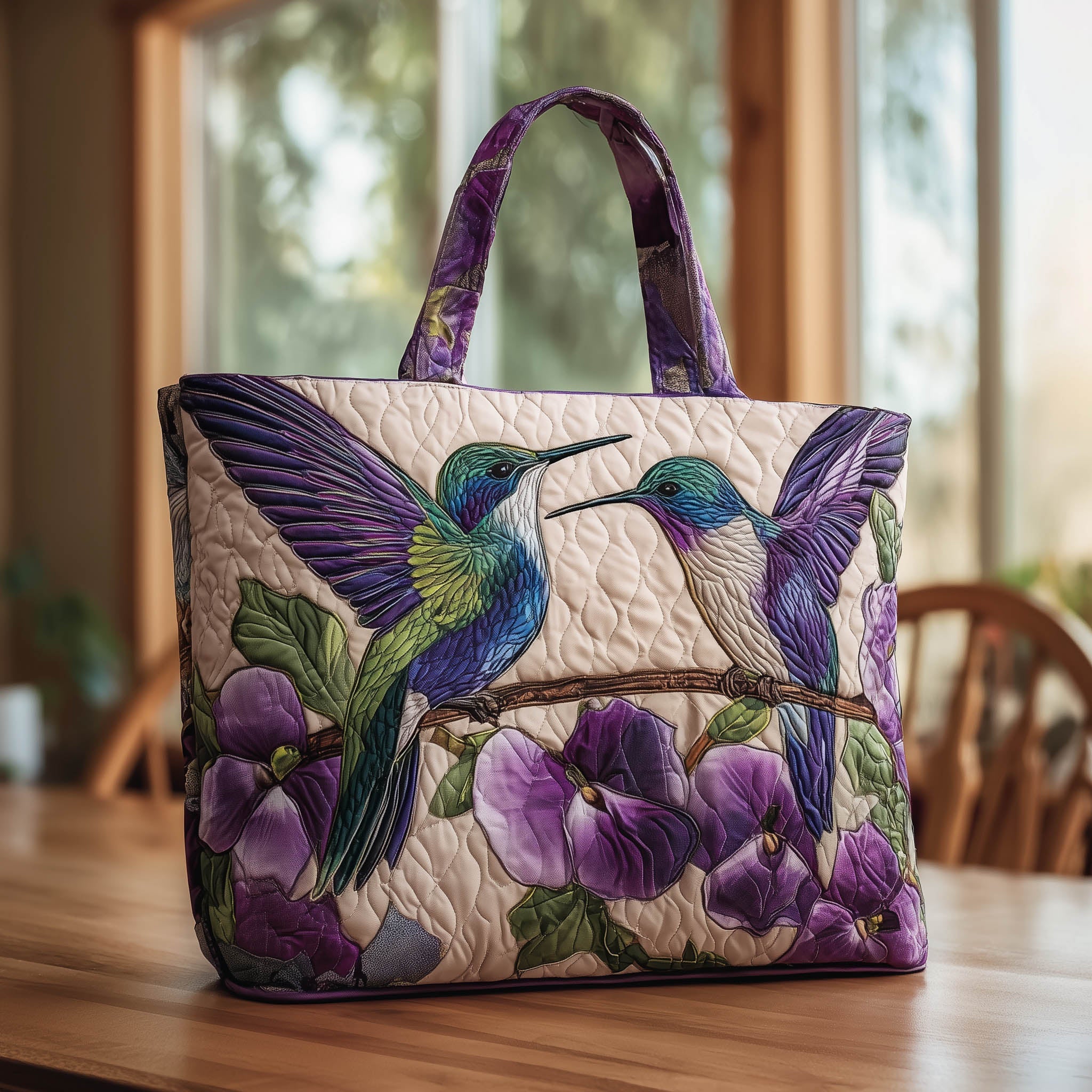Hummingbird Pair Quilted Tote Bag Floral Work Tote Birthday Gifts For Hummingbird Lovers