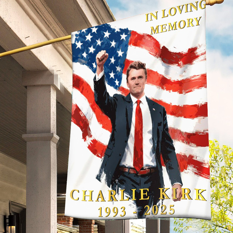 In Loving Memory Of Charlie Kirk American Flag Tribute RIP Charlie Memorial Flag Hanging