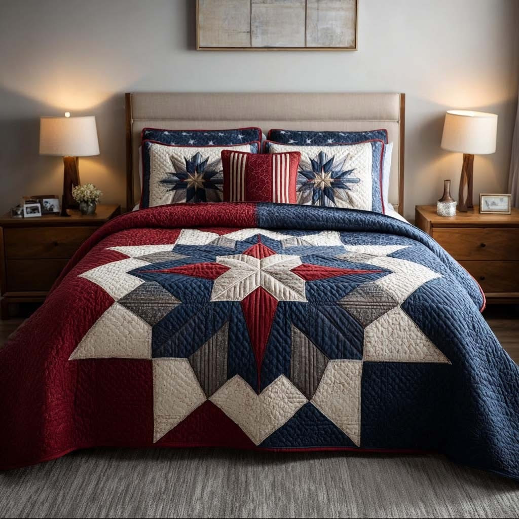 Independence Starburst Quilted Bedding Set 4th Of July Bedroom Decor Gifts For Patriots