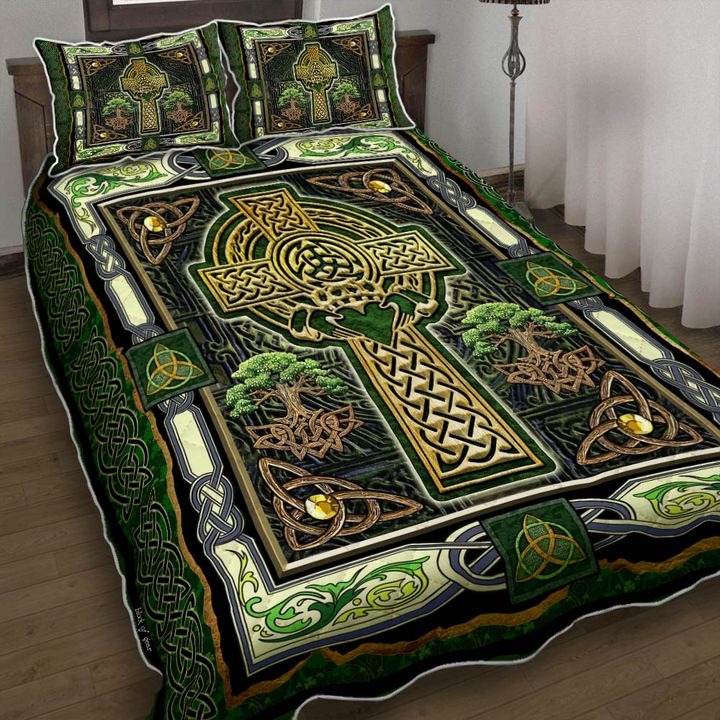Irish Celtic Cross Quilt Bedding Set Tree Of Life Bedspread Set St Patrick's Day Bed Decor