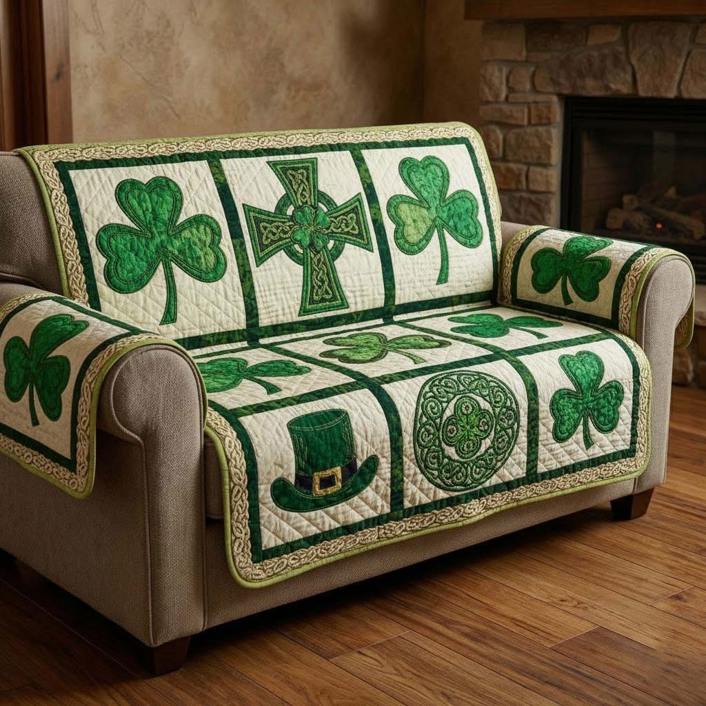 Irish Heritage Quilted Sofa Cover Celtic Knot Shamrock Sofa Protector St Patrick's Day Gifts