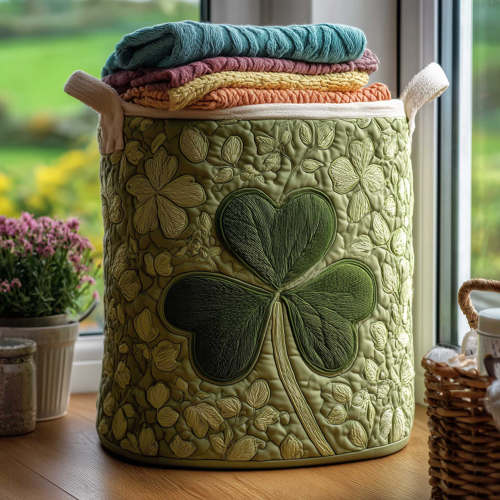 Irish Shamrock Quilted Laundry Basket Holiday Home Decor St Patrick's Day Gifts