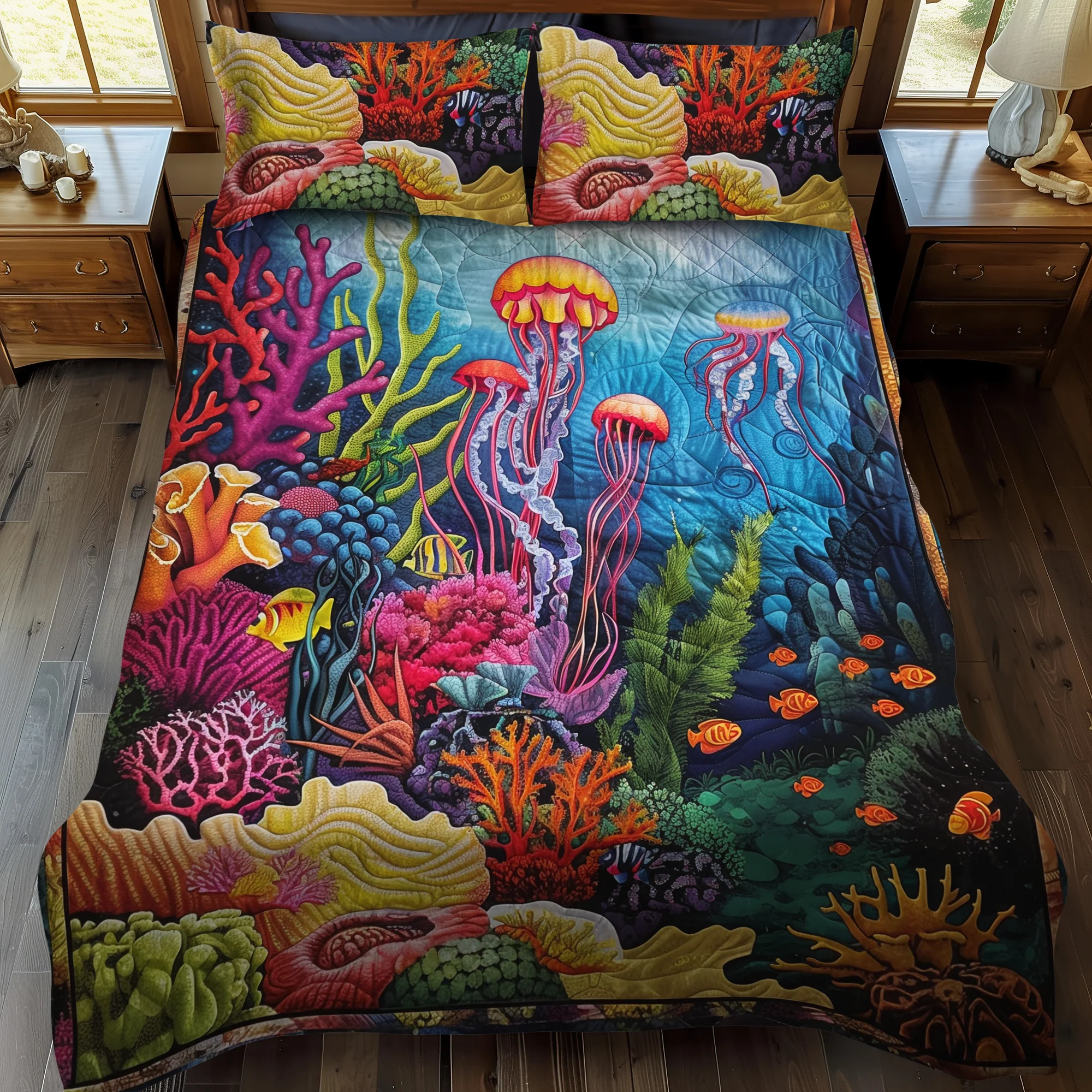 Jellyfish Aquatic Majesty Quilted Bedding Set Vibrant Bed Sheet Set Gifts For Ocean Lovers