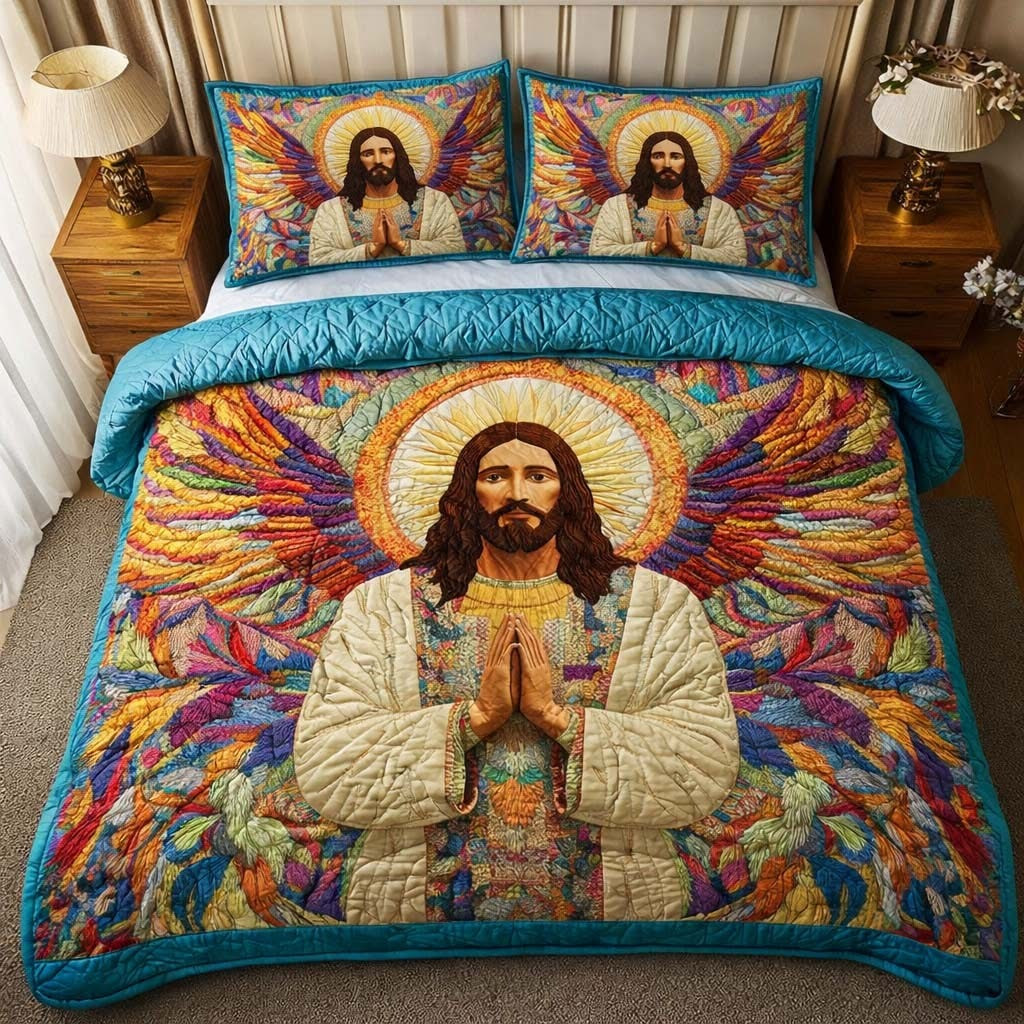 Jesus Christ Angelic Prayer Quilted Bedding Set Colorful Duvet Cover Set Christian Decor