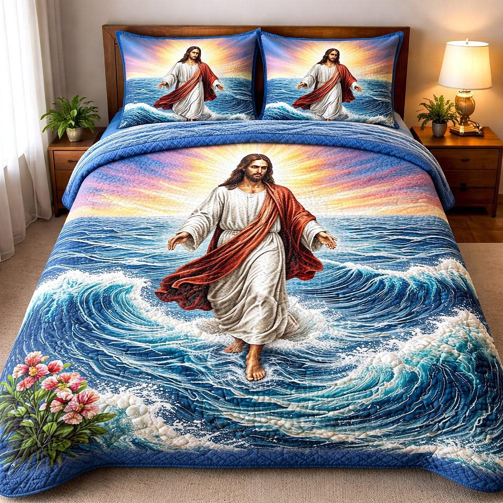 Jesus Divine Shepherd Quilted Bedding Set Christian Bedroom Decor Religious Gifts