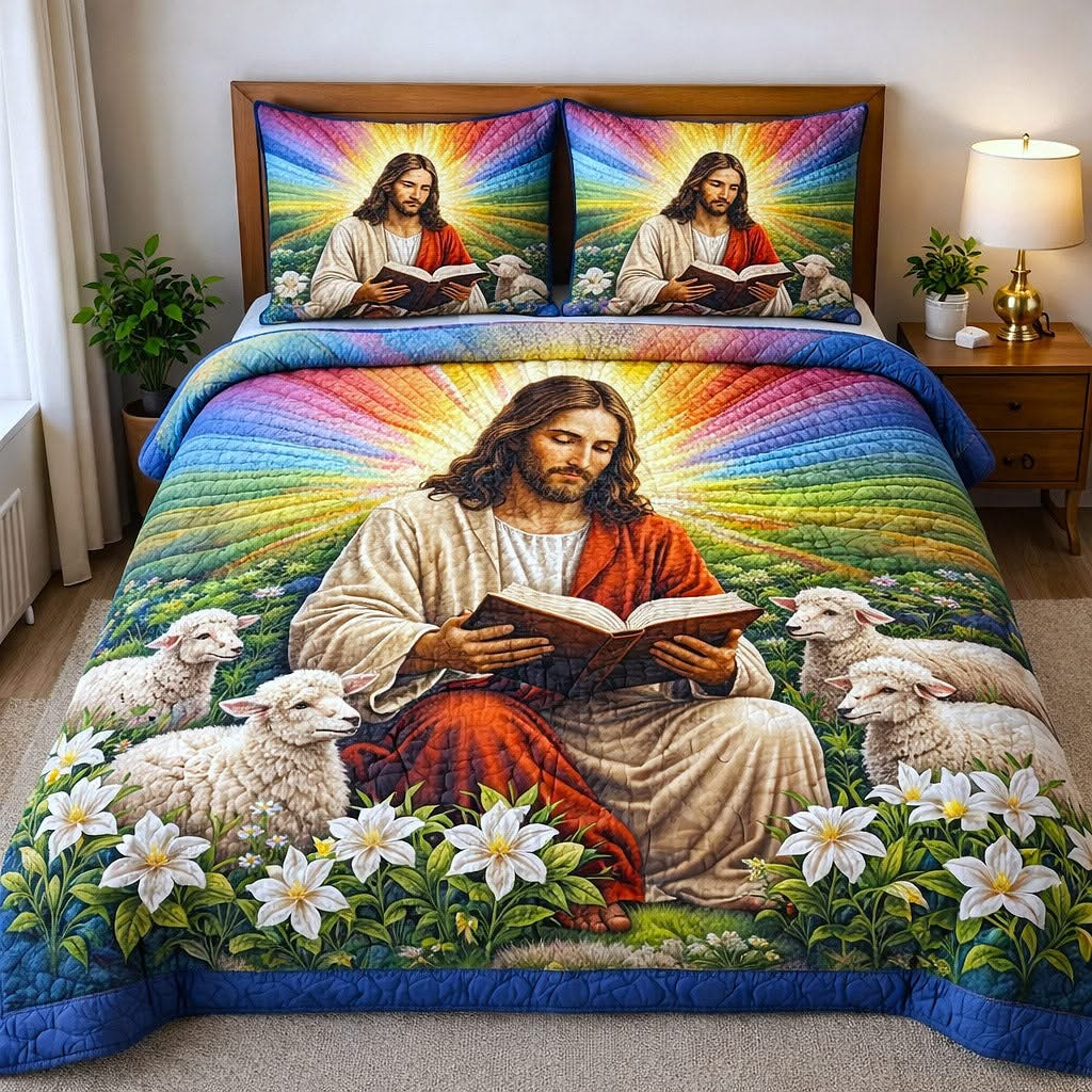 Jesus Good Shepherd Quilted Bedding Set Floral Christian Duvet Cover Set Religious Gifts
