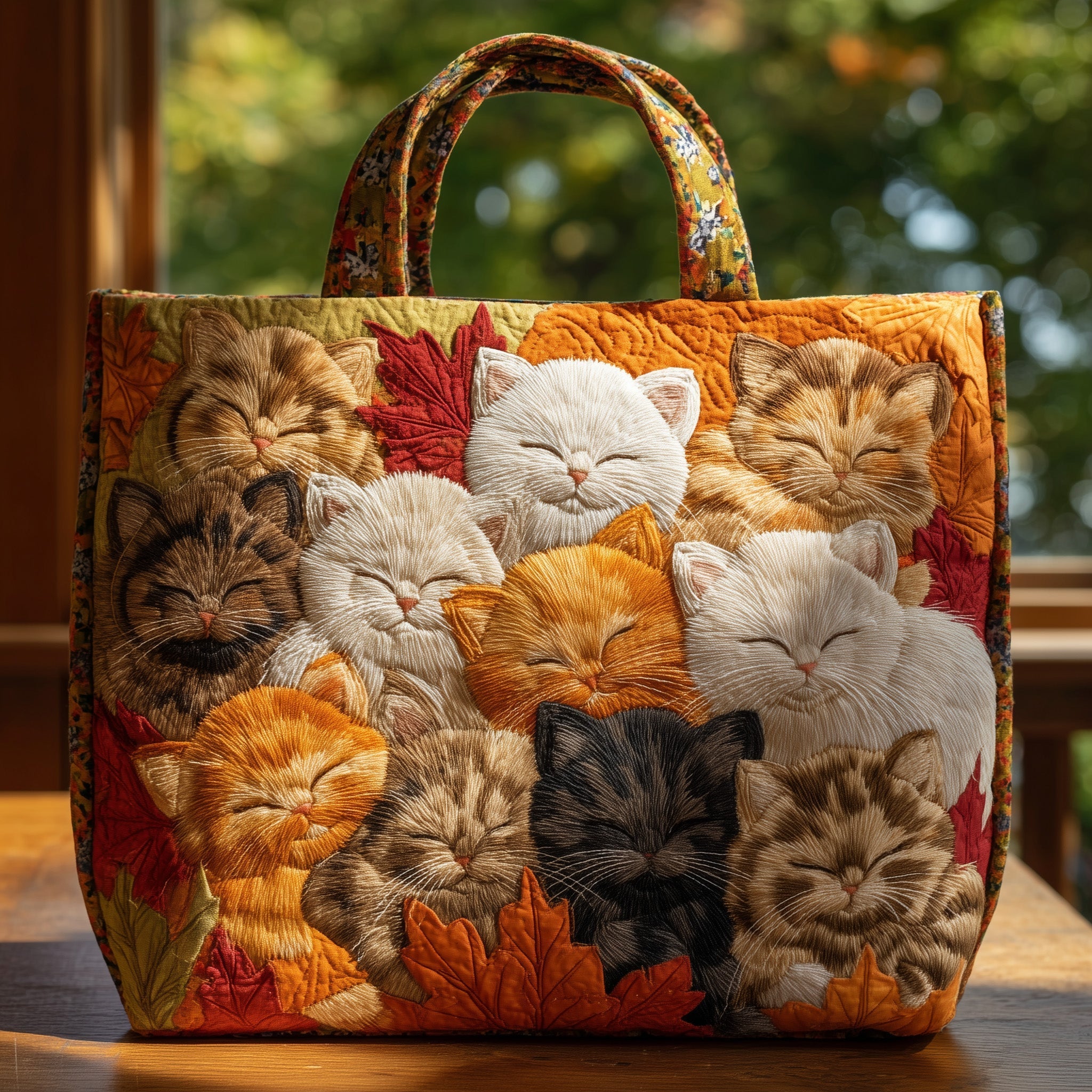 Kitten Catnap Quilted Tote Bag Autumn Themed Handbags Cute Gifts For Cat Lovers