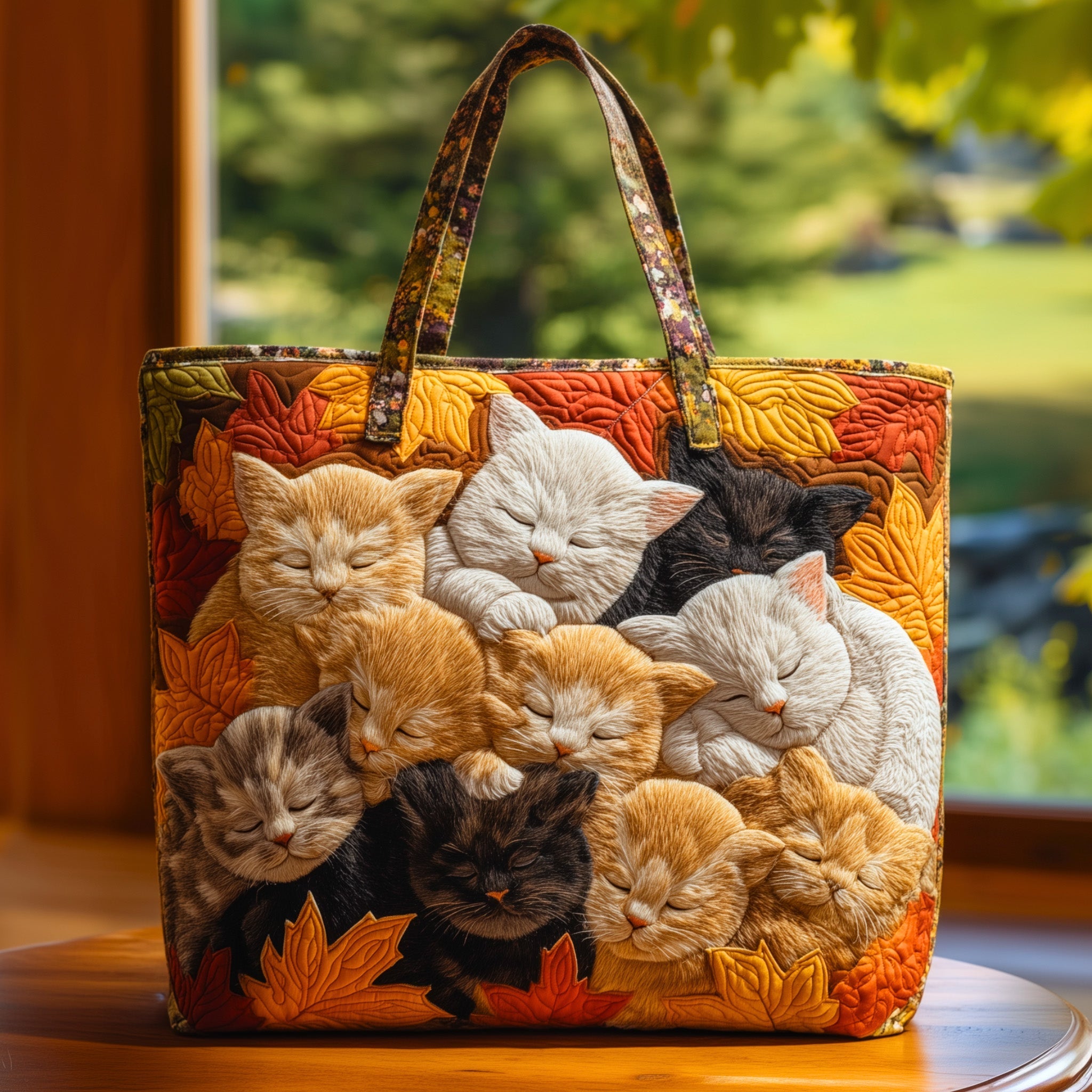 Kittens Sleeping Quilted Tote Bag Autumn Themed Handbags Best Gifts For Cat Lovers