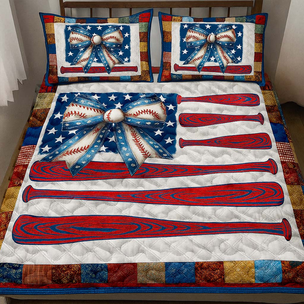 Liberty Baseball Bow Quilted Bedding Set Cute Room Decor Baseball Fan Christmas Gifts
