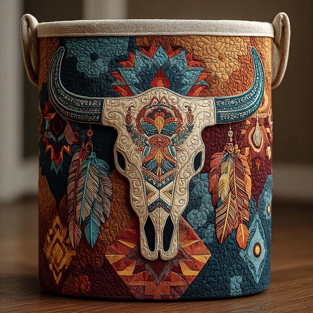 Longhorn Boho Spirit Quilted Laundry Basket Fabric Storage Bin Native American Gift Items
