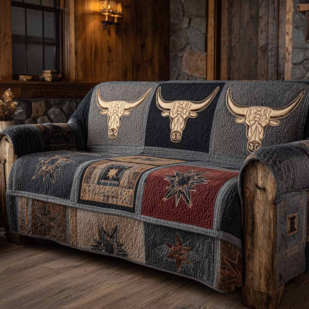Longhorn Lodge Quilted Sofa Cover Rustic Western Style Sofa Protector Gifts For Husband