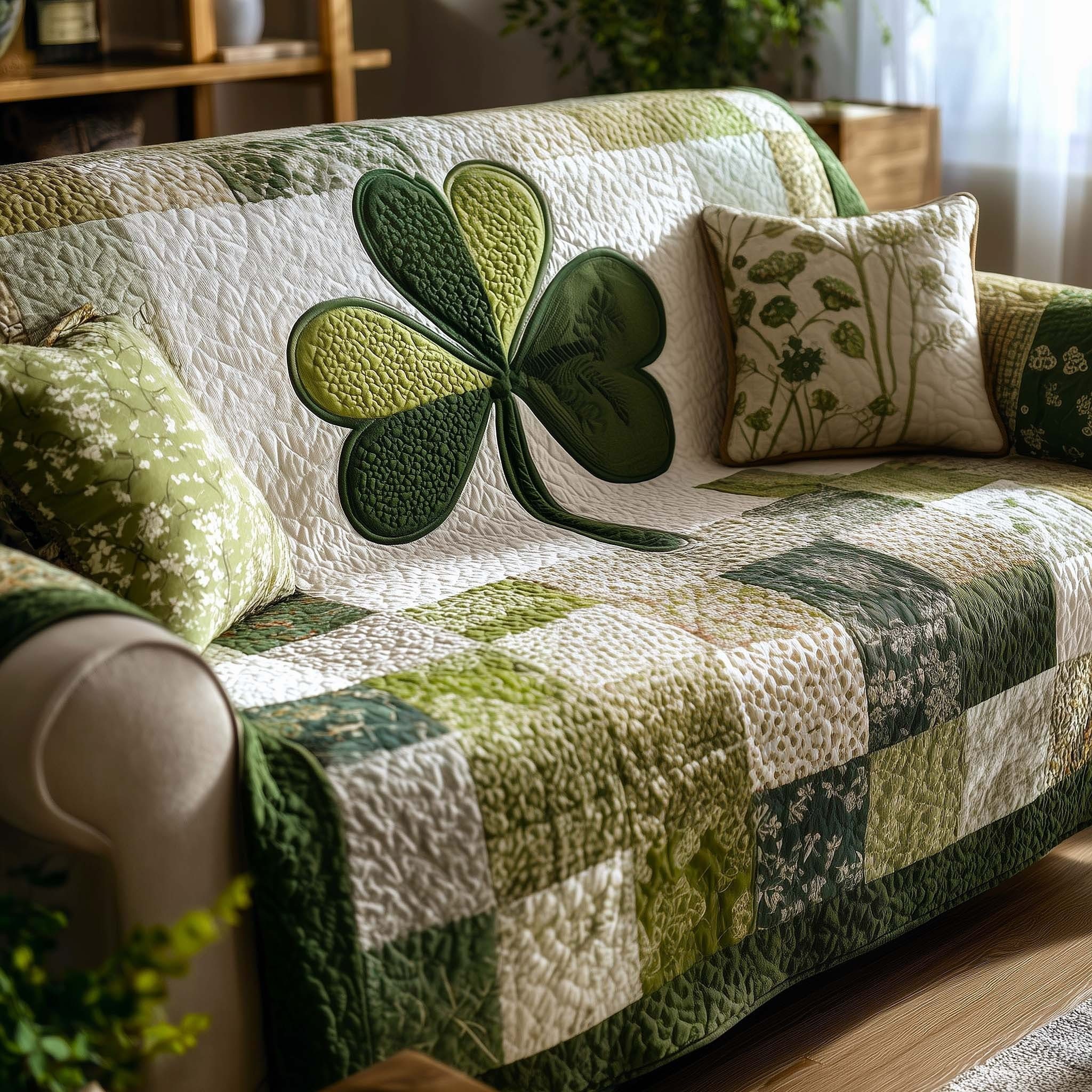 Lucky Charm Quilted Sofa Cover Shamrock Sofa Protector Cover St Patrick's Day Gifts