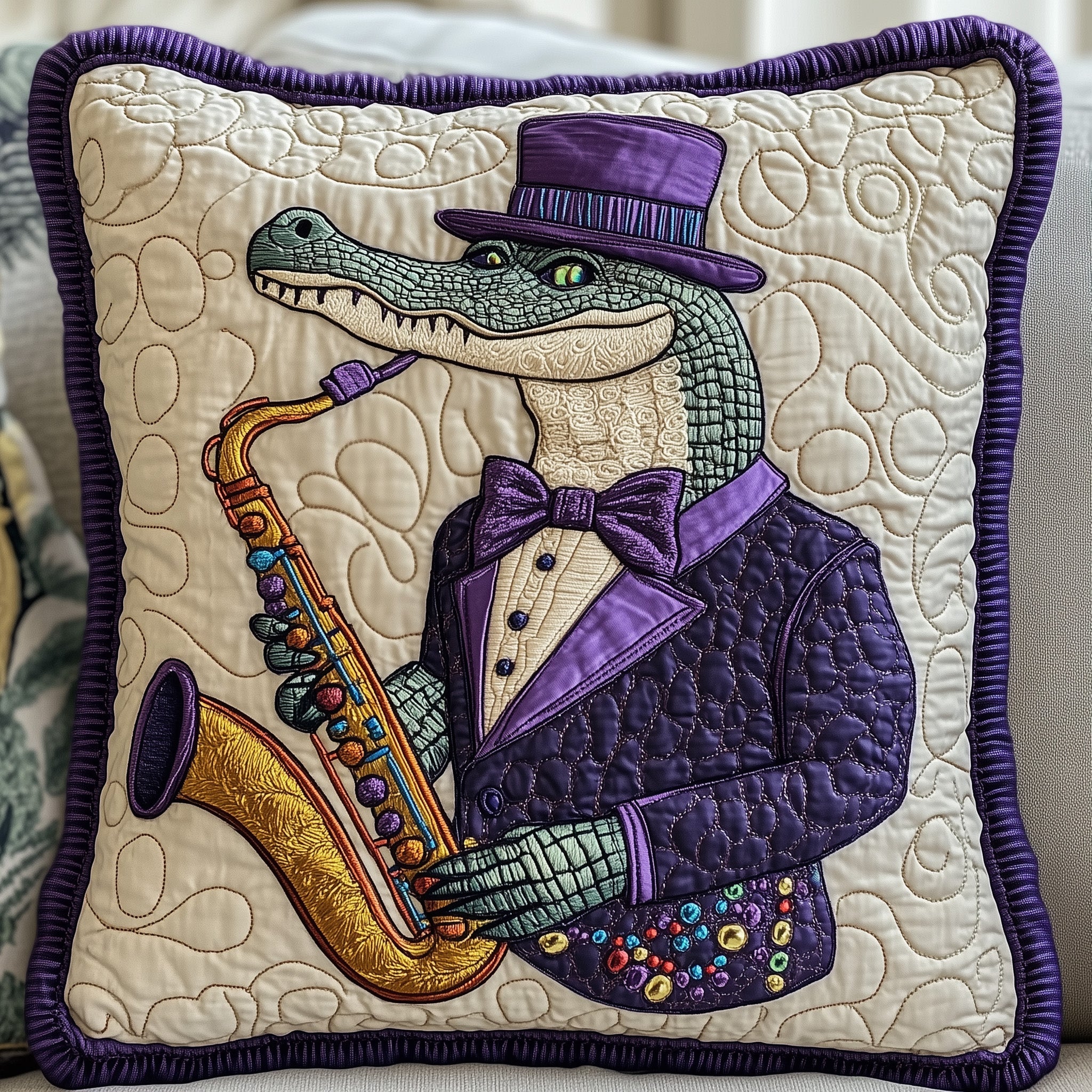 Mardi Gras Alligator Quilted Pillow Case Throw Pillow Cover ItemMardi Gras Gifts Merchandise