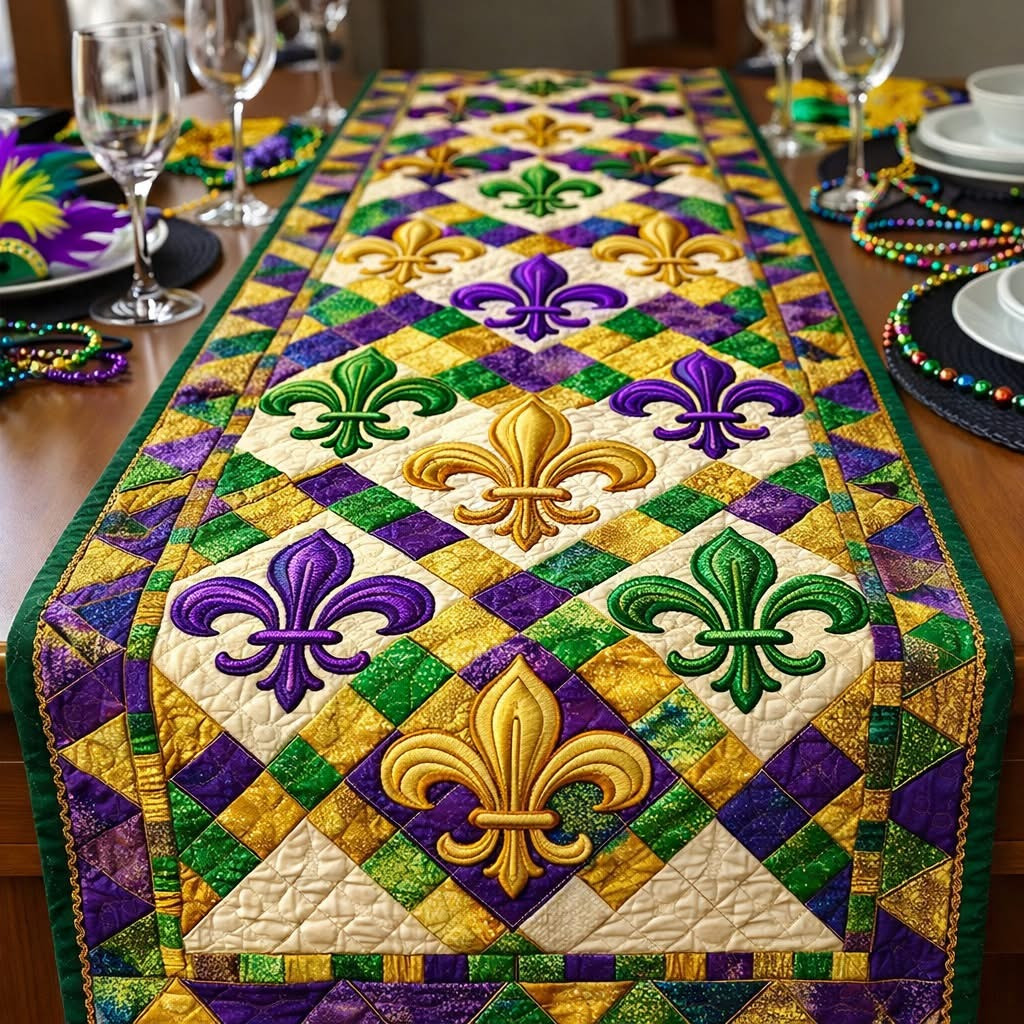 Mardi Gras Fleur Quilted Table Runner Carnival Kitchen Table Decor Best Mardi Gras Gifts