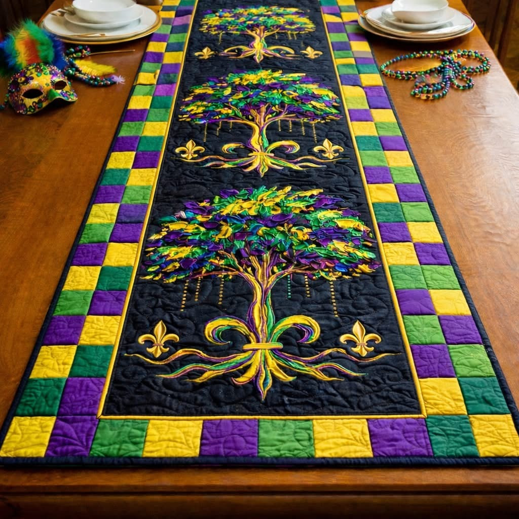 Mardi Gras Tree Quilted Table Runner New Orleans Carnival Table Dining Decor Mardi Gras Gifts