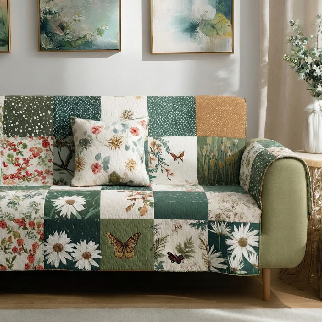 Meadow Florals Quilted Sofa Cover Patchwork Sofa Protector Best Gifts For Wife
