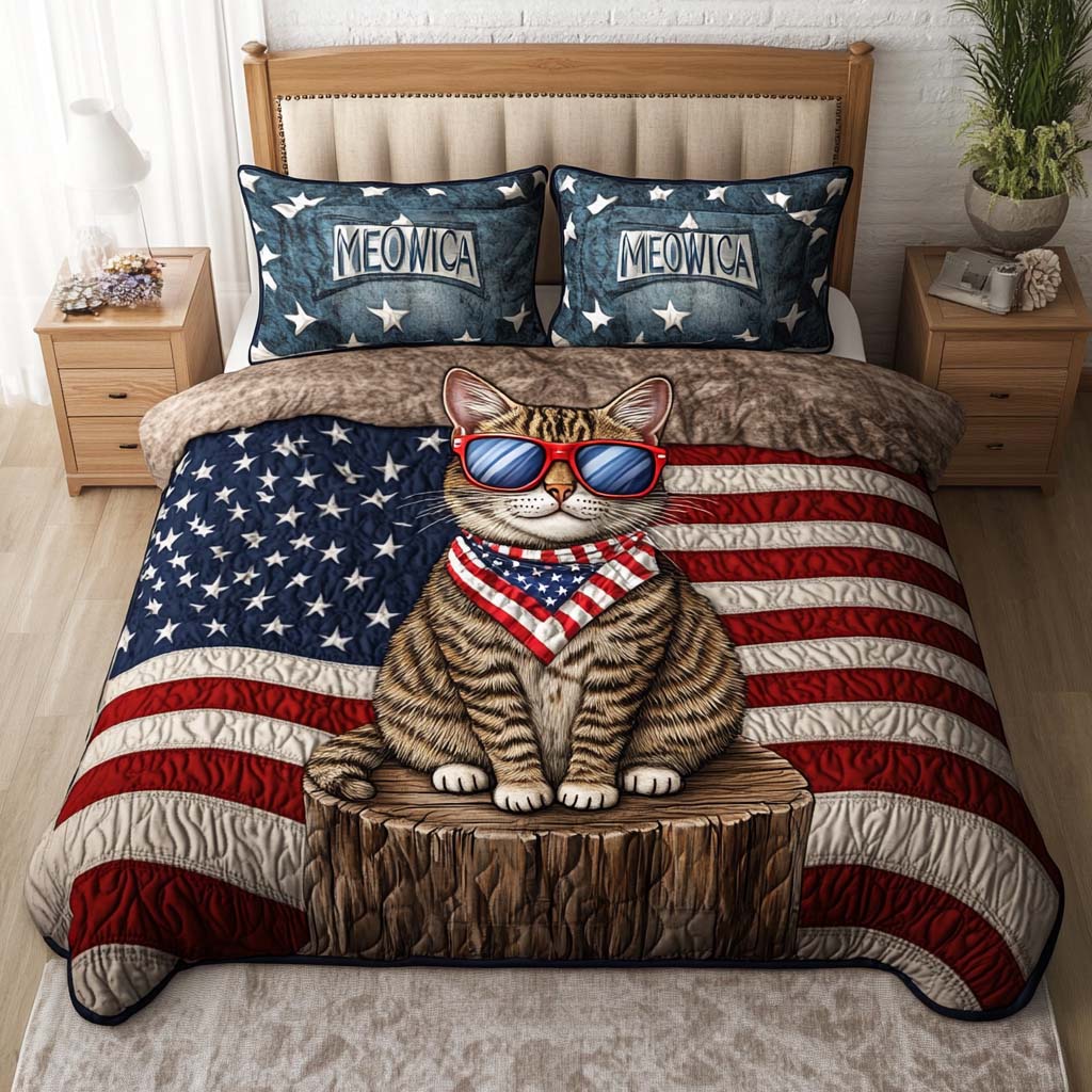 Meowica Vibes Quilted Bedding Set Patriotic Room Decor Awesome Gifts For Cat Lovers