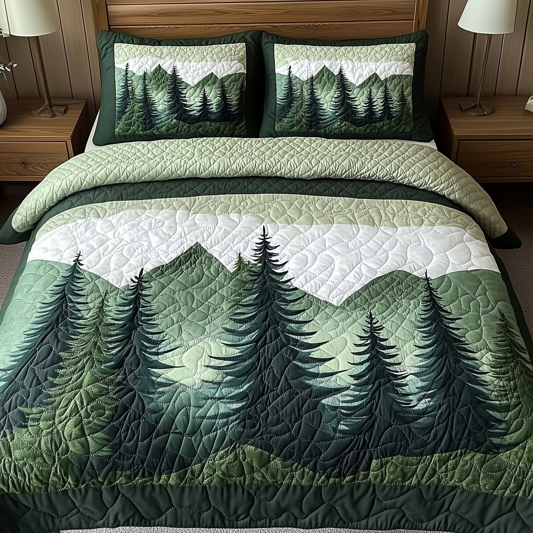 Misty Forest Mountain Quilted Bedding Set Rustic Bedspread Set Gifts Ideas For Dad