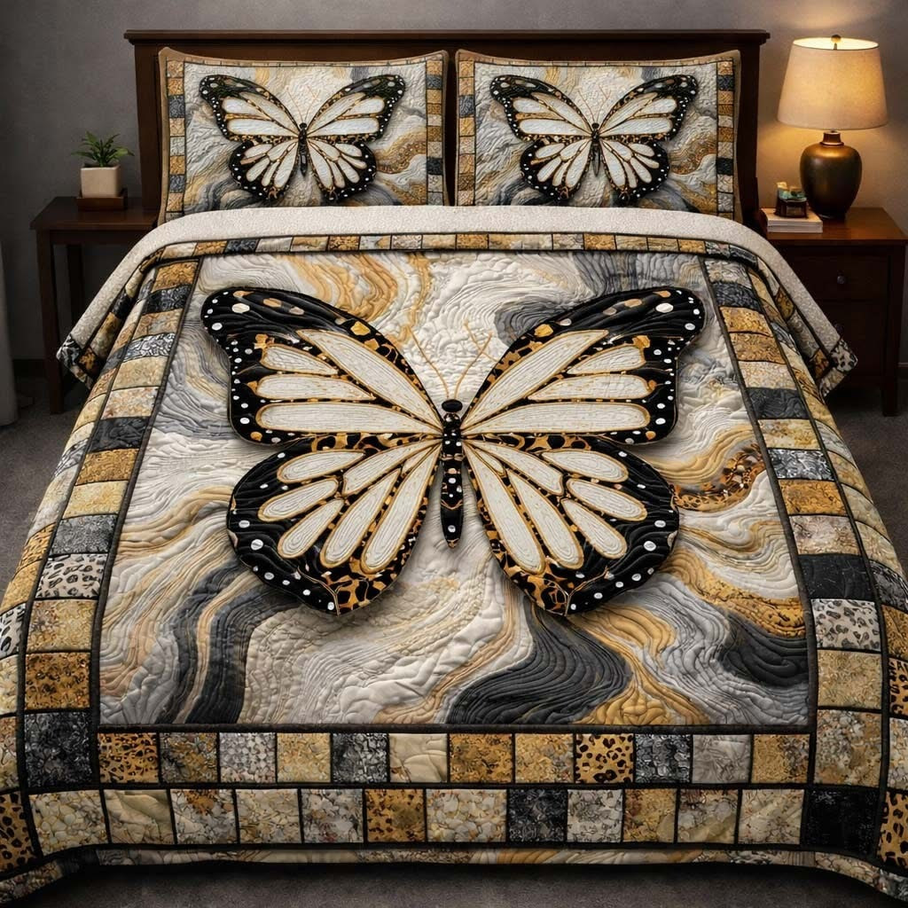 Monarch Marble Elegance Quilted Bedding Set Bedroom Decor Gifts For Butterfly Lovers