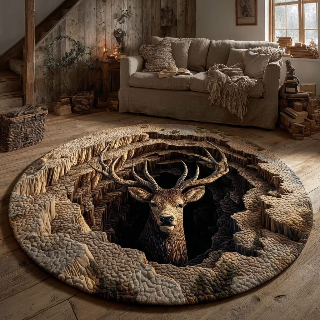 Mossy Stag Pit Quilted Round Mat Deer Area Rug Wildlife Home Decor Gifts For Deer Lovers