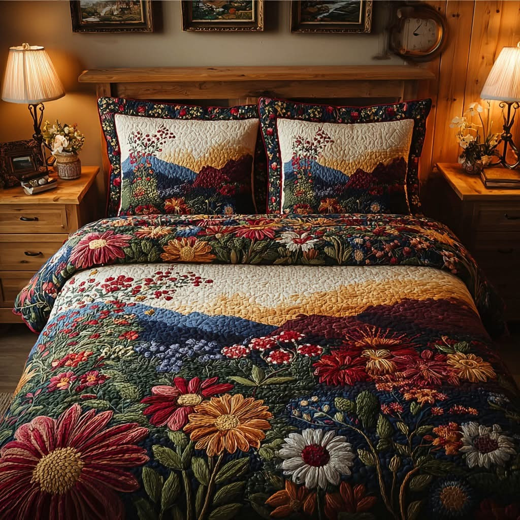 Mountain Meadow Floral Quilted Bedding Set Wildflower Bed Sheet Set Nature Inspired Gifts Ideas