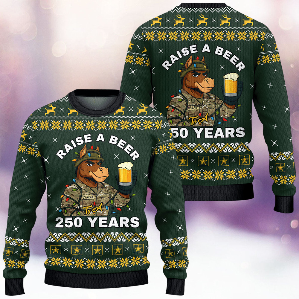 Mule US Army Raise A Beer Ugly Christmas Sweater 250Th Anniversary Merch Army Veteran Gift - Image 2