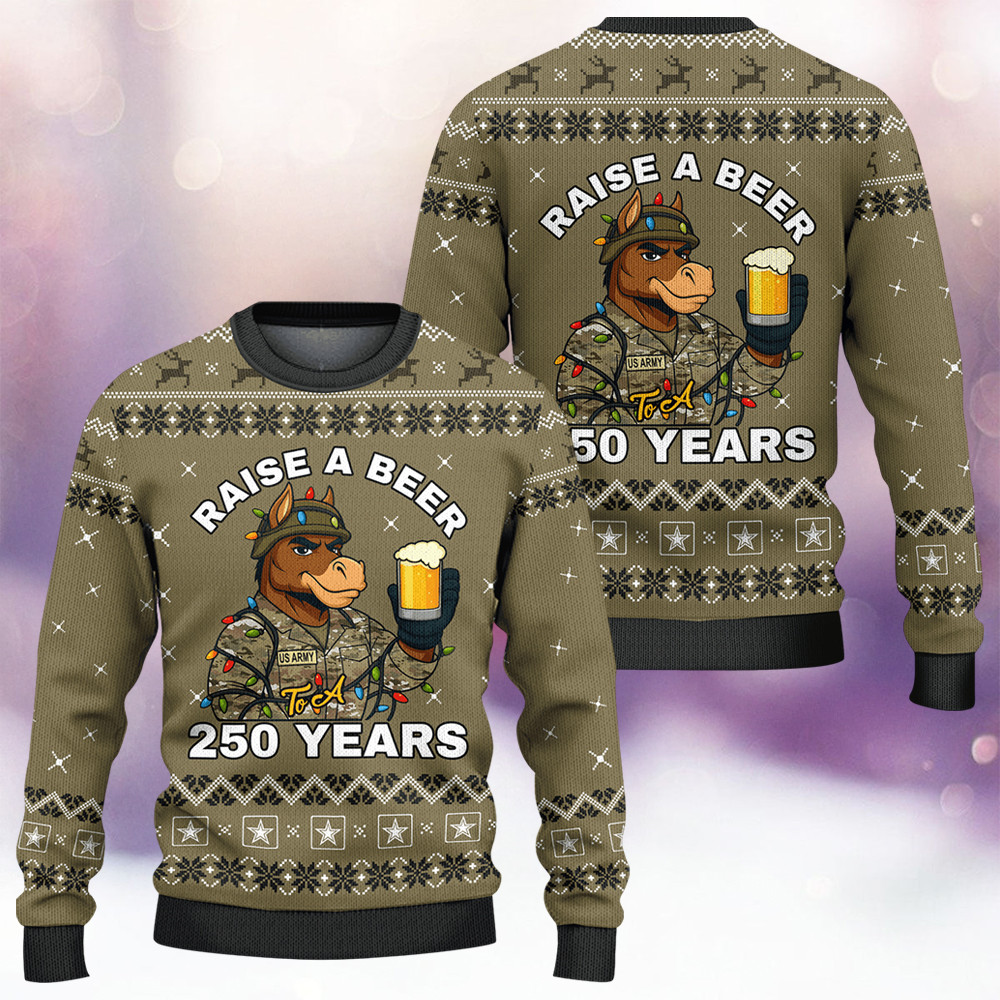 Mule US Army Raise A Beer Ugly Christmas Sweater 250Th Anniversary Merch Army Veteran Gift - Image 3