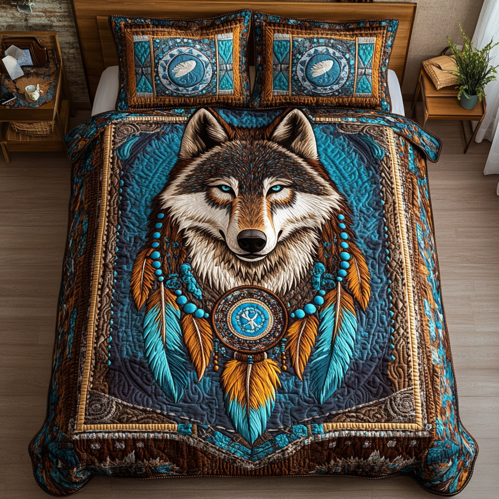 Mystic Wolf Quilted Bedding Set Holiday Season Duvet Cover Set Presents For Wolf Lovers