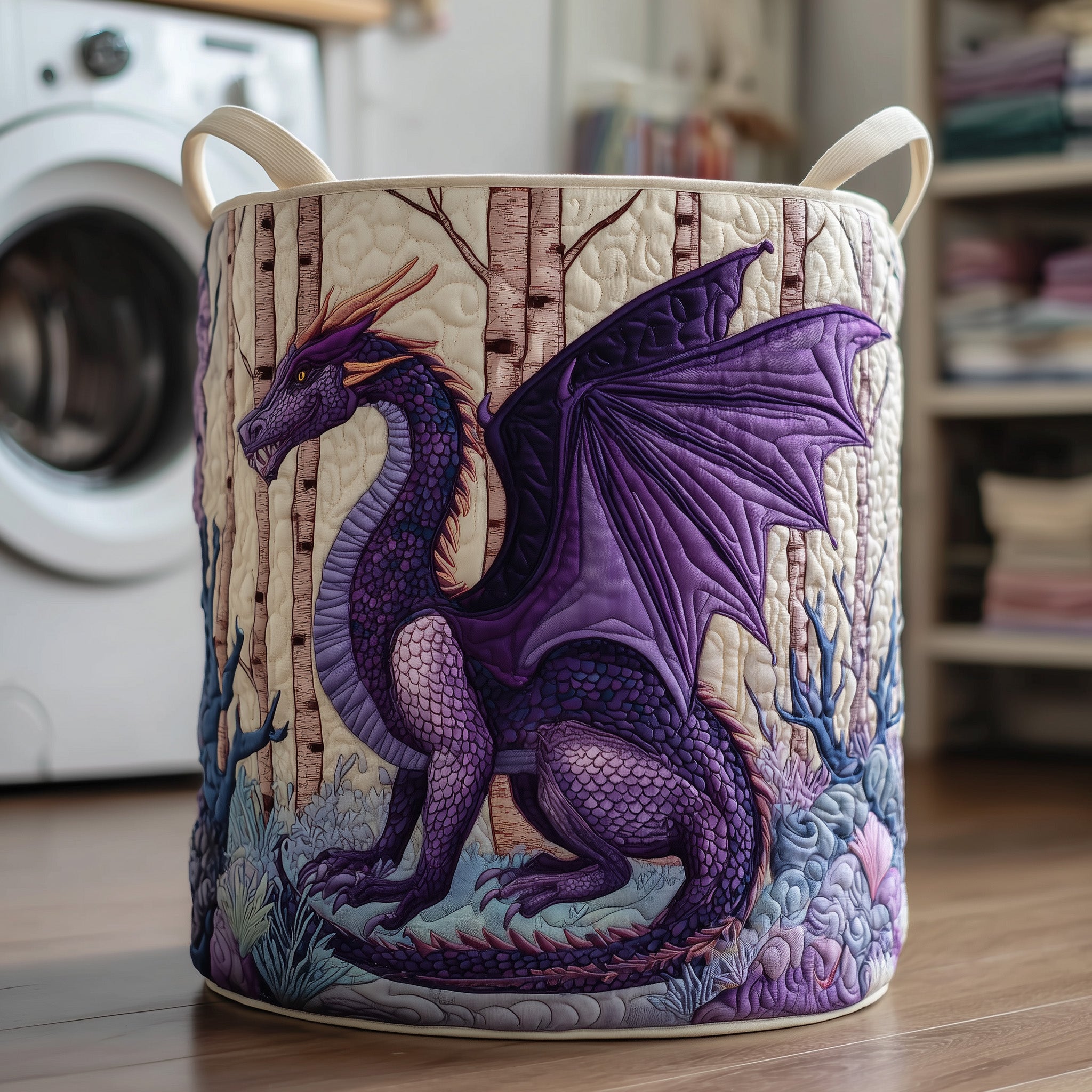 Mythical Purple Dragon Quilted Laundry Basket Fantasy Laundry Hamper Gifts For Dragon Lovers