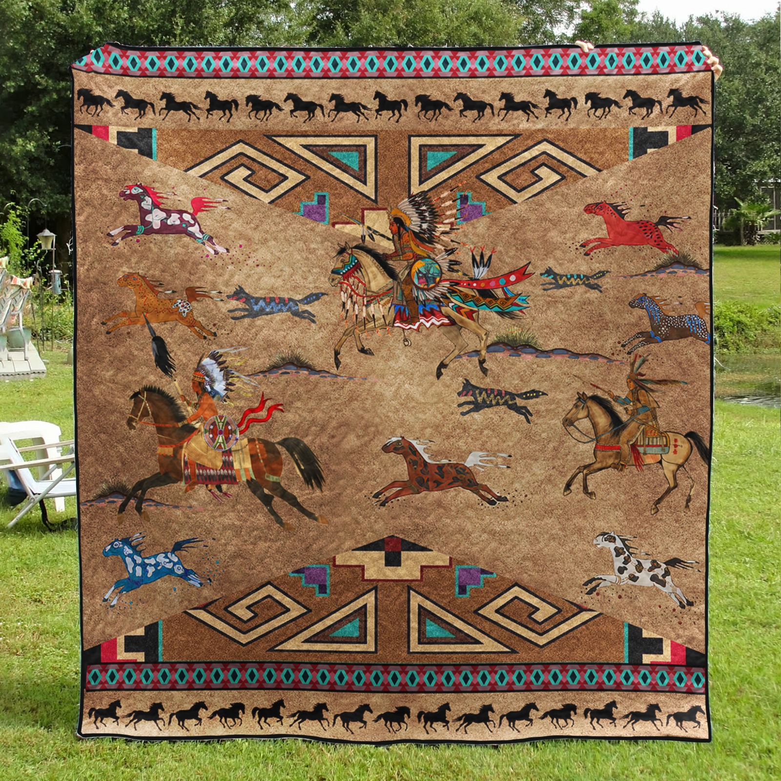 Native American Horse Art Quilted Blanket Indigenous Tribal Throw Blanket Gifts Ideas