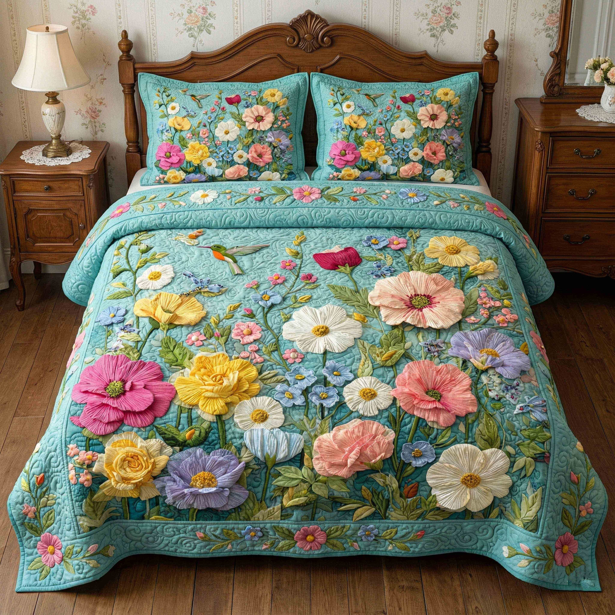 Nature Garden Quilted Bedding Set Colorful Floral Bedspread Set Gifts For Her