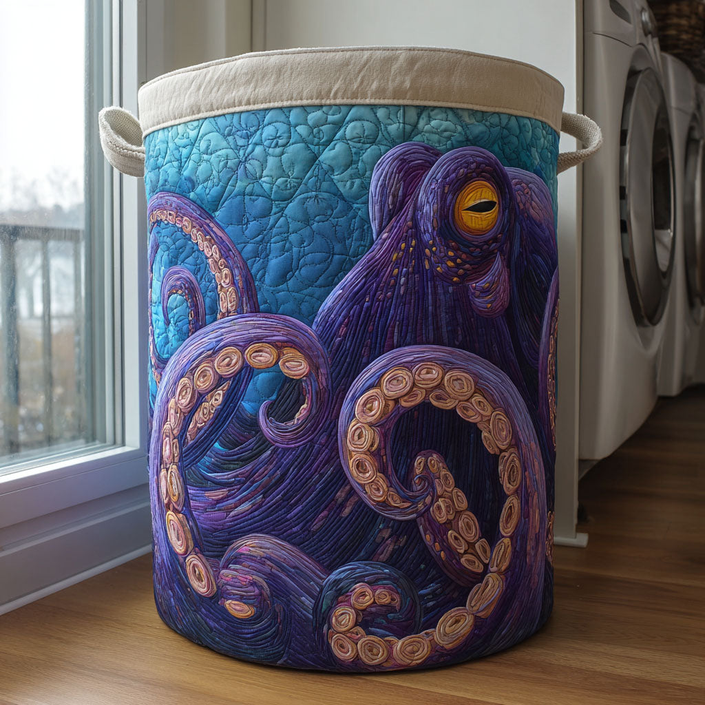 Octopus Blue Wave Quilted Laundry Basket Fabric Clothes Hamper Octopus Gifts For Adults