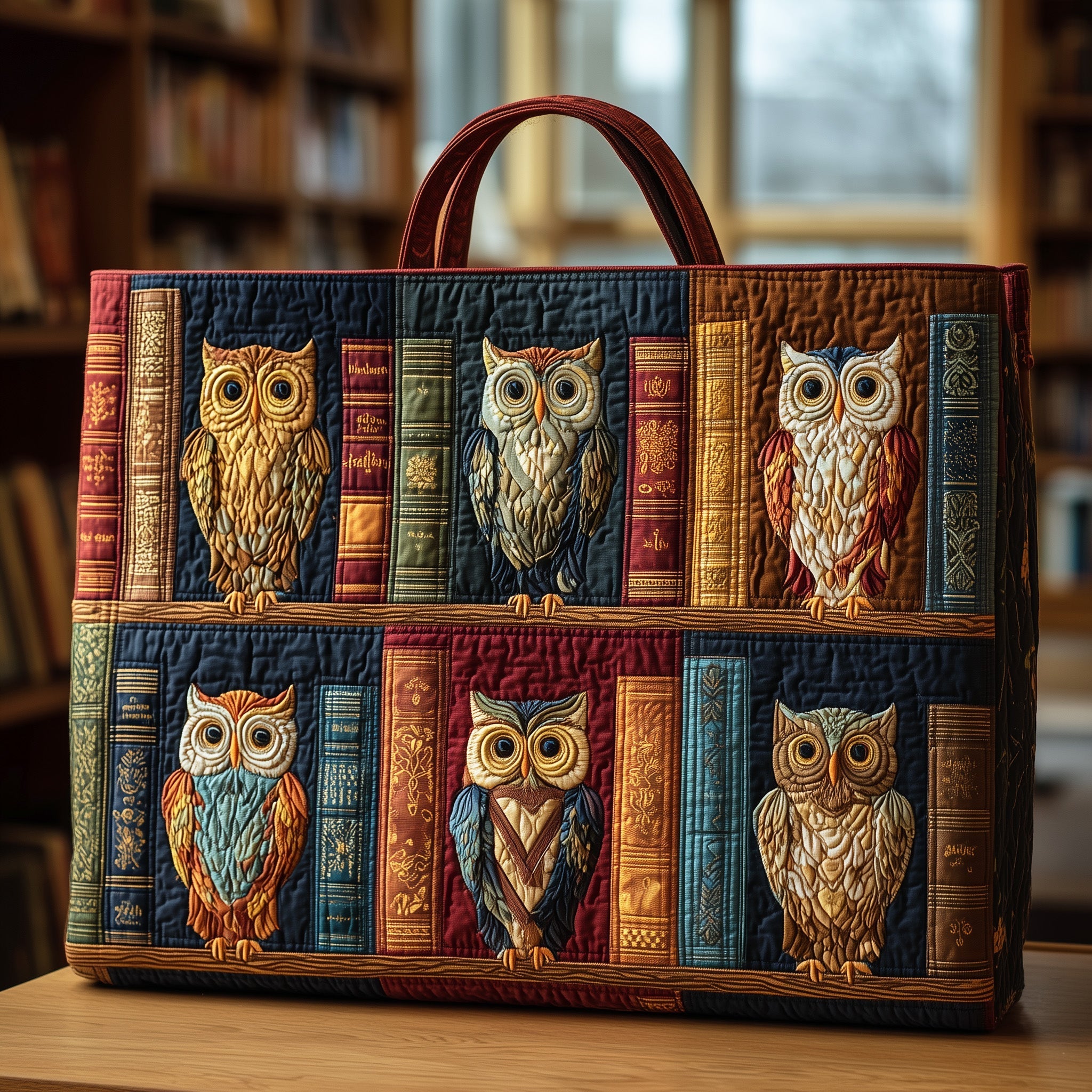 Owl Bookish Heaven Quilted Tote Bag Library Themed Handbags For Women Present For Owl Lovers