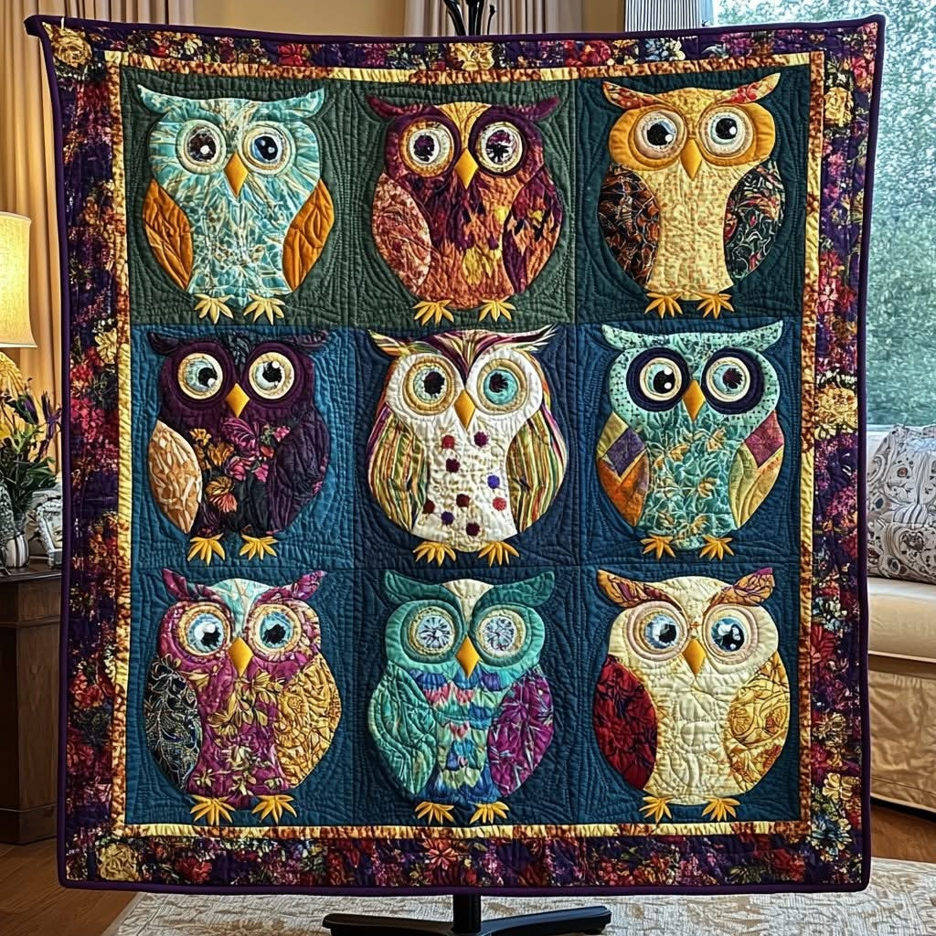 Owl Charm Quilted Blanket Whimsical Patchwork Throw Blanket Best Gifts For Owl Lovers