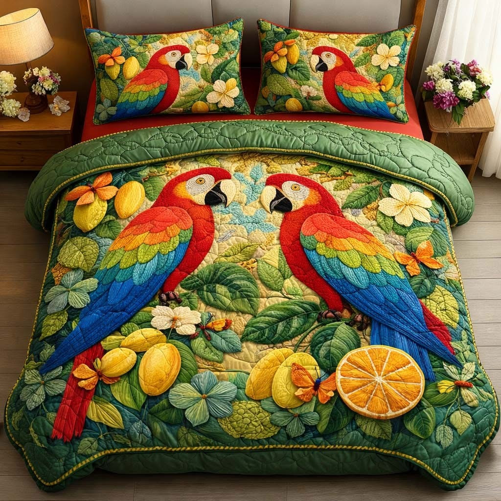 Parrots Citrus Quilted Bedding Set Tropical Themed Duvet Cover Set Gift For Parrot Lovers