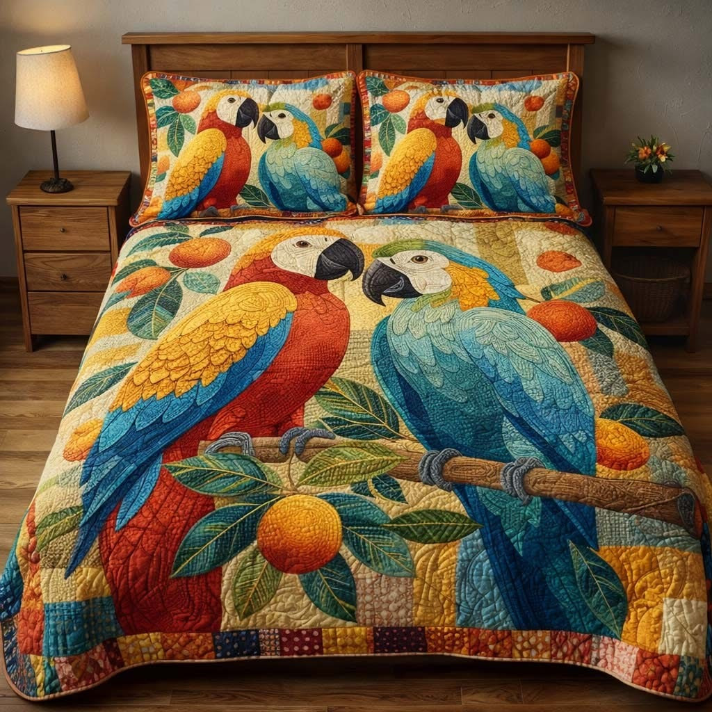 Parrots Orchard Quilted Bedding Set Colorful Duvet Cover Set Gift Ideas For Parrot Lovers