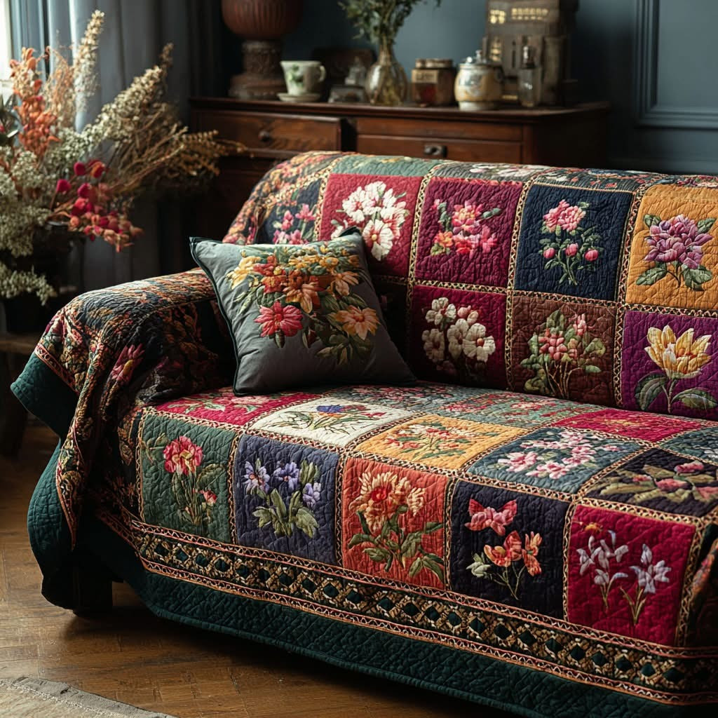 Patchwork Bloom Quilted Sofa Cover Floral Sofa Protector Cover Gifts For Relatives