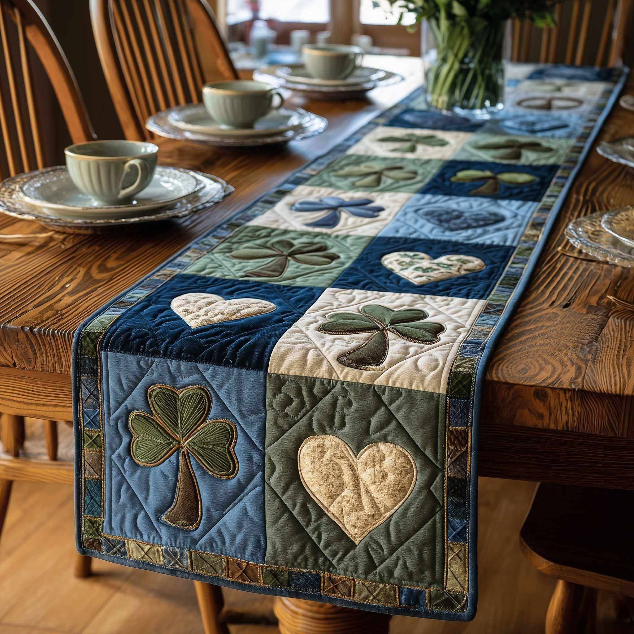 Patchwork Shamrocks And Hearts Quilted Table Runner St Patrick's Day Dining Decor Irish Gifts