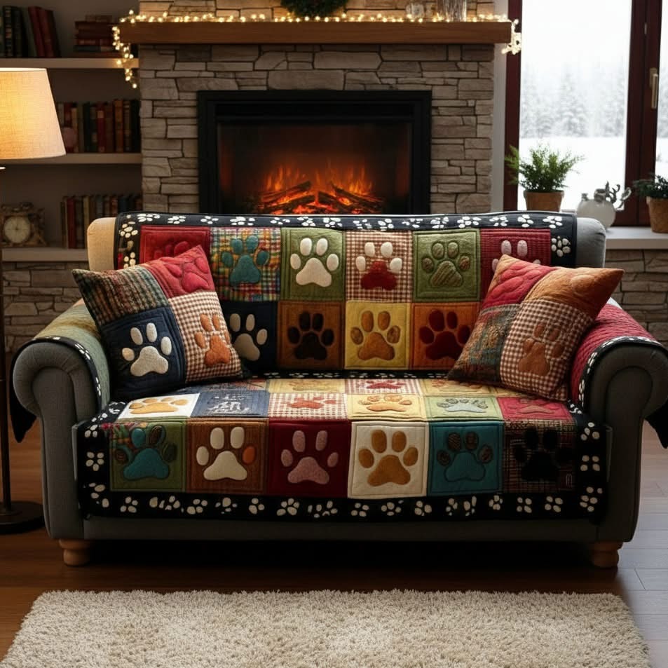 Paw Patchwork Quilted Sofa Cover Colorful Sofa Protector Best Gifts For Pet Lovers