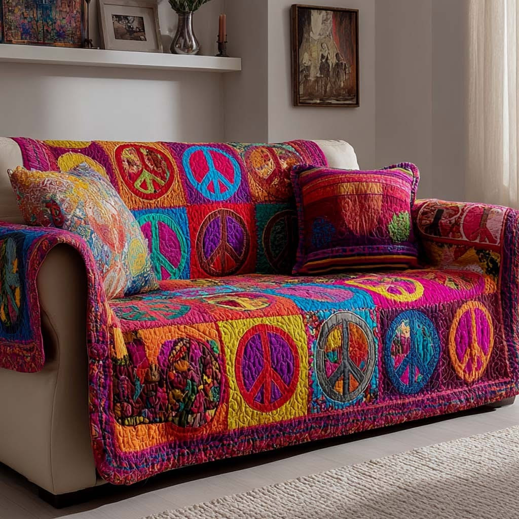Peace Sign Patchwork Quilted Sofa Cover Colorful Bohemian Sofa Protector Gifts For Friends